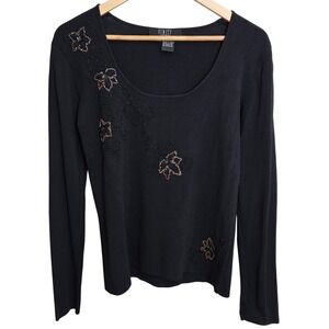 FINITY STUDIO Black Beaded Floral Scoop Neck Long Sleeve Top Women's Large‎